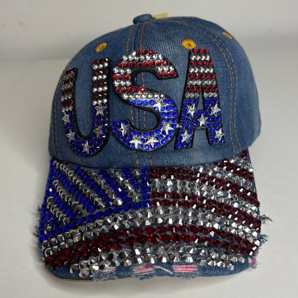 Collection Eighteen Accessories - USA Denim Bedazzled Rhinestone American Flag Distressed Baseball Hat Cap NWT NEW